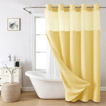 eachope No Hook Linen Texture Shower Curtain with Snap-in Liner,71x80 Gold | 230GSM Thick Fabric,Hotel Luxury Decor,Mesh Top Window,Magnetic Weighted Hem,Waterproof & Machine Washable,for Bathroom