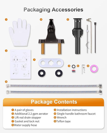WOWOW Single Handle Commercial Bathroom Faucet Oiled Rubbed Bronze 4 inch Centerset Bathroom Basin Sink Faucets One Handle Vanity Faucets Basin Mixer Tap with Lift Rod Drain Assembly
