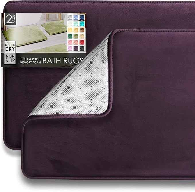 Clara Clark 2 Piece Bathroom Rugs Bath Mat Set, Velvet Memory Foam Bath Mats for Bathroom - Non-Slip, PVC Backing Bath Rugs, Washable - Dries Quickly, Purple