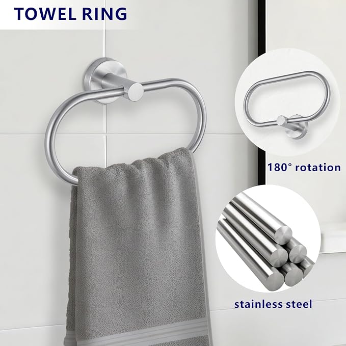 Bathroom Hardware Set Includes Towel Ring, Toilet Paper Holder and 2 Towel Hooks, SUS304 Stainless Steel Modern Wall-Mounted Bathroom Set, Rustproof Bathroom Fitting Set (Brushed Nickel)