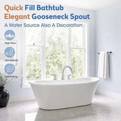 Roman Tub Faucet 3 Hole Deck Mount Tub Filler High Flow Chrome | With Ceramic Valve, Solid Brass, High Arch Bathtub Faucet, 2-Handle Design, Widespread Mount, Garden Bath Tub Faucet