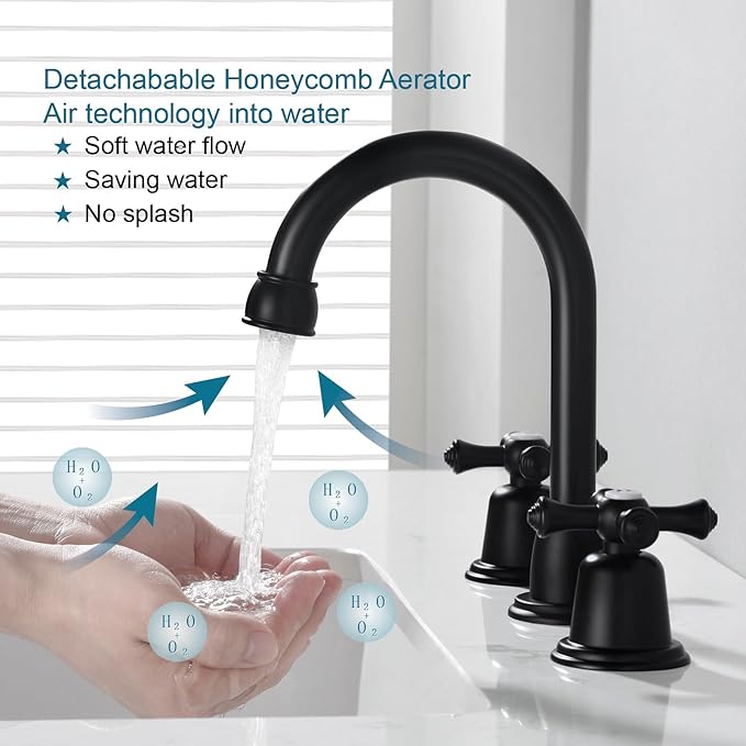 RKF Bathroom Faucets for Sink 3 Hole Matt Black 8 inch Widespread Bathroom Sink Faucet with Drain 2 Handles Cross Knobs Faucet Vanity Faucet Basin Mixer Tap with Hose & Deck CWF039-MB