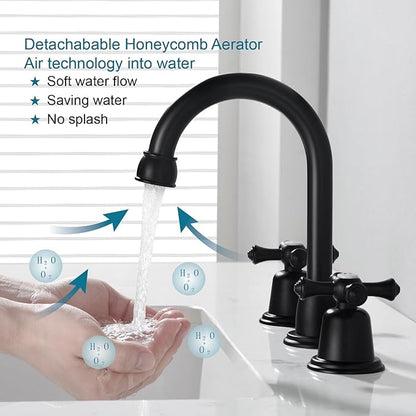 RKF Bathroom Faucets for Sink 3 Hole Matt Black 8 inch Widespread Bathroom Sink Faucet with Drain 2 Handles Cross Knobs Faucet Vanity Faucet Basin Mixer Tap with Hose & Deck CWF039-MB