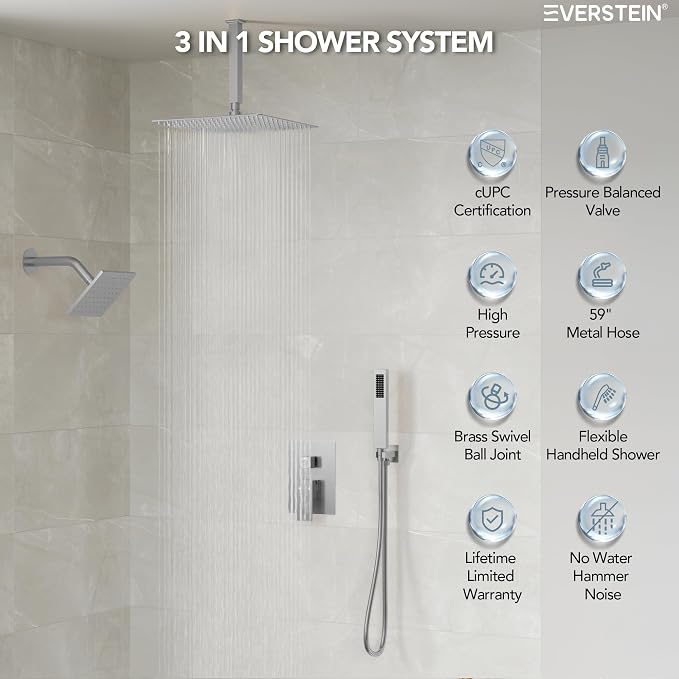 10" High-Pressure Rainfall Shower Faucet, Celling Mount Dual Shower Head System, Brushed Nickel