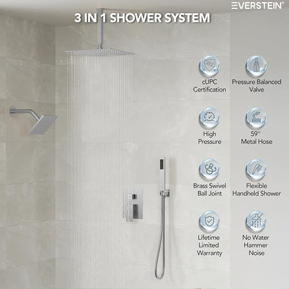 10" High-Pressure Rainfall Shower Faucet, Celling Mount Dual Shower Head System, Brushed Nickel