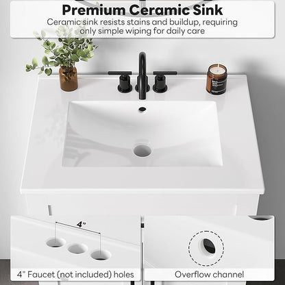 LIKIMIO 24" Bathroom Vanity with Sink, 1 U-Shaped Drawer & 2 Doors, White | Freestanding Bathroom Vanity, Integrated Ceramic Sink, Soft-Close Doors & Drawer, Modern Bathroom Storage Cabinet