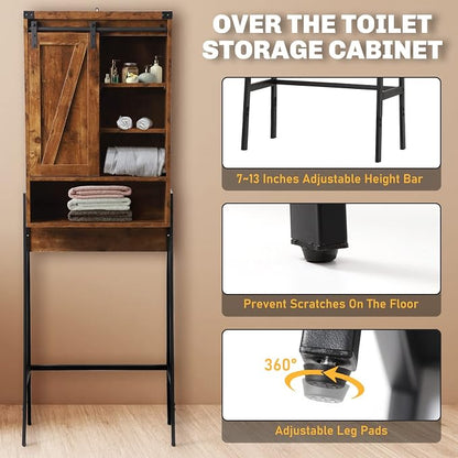 Over Toilet Storage Cabinet with Barn Door & Adjustable Shelves | 24 Inch Wide Bathroom Organizer, Space-Saving, Sturdy Wood, Anti-Tipping, Easy Assembly, for Restroom, Laundry, Small Spaces