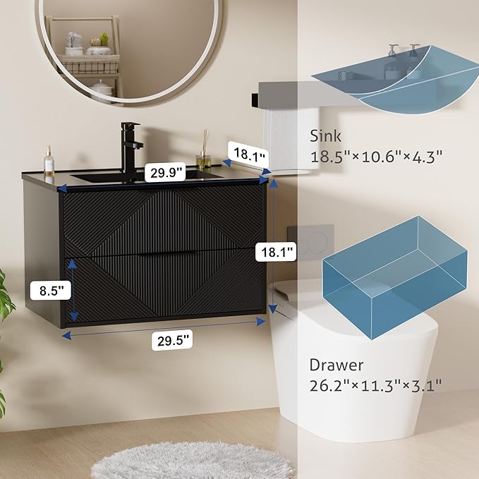 LUCKWIND 30" Floating Bathroom Vanity with Black Sink Combo, Wall Mounted Floating Cabinet with 2 Large Soft-Close Drawers & Water Saving Faucet, Geometric Textured Design in Black