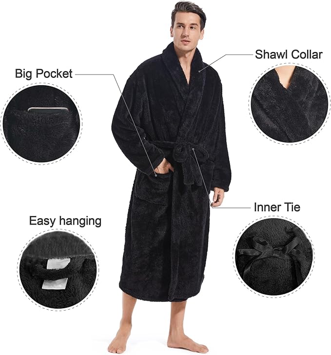 Inner Wish Mens Plush Fleece Robe, Cozy Warm Bathrobe Fuzzy Male Spa Long Robe With Pockets (DARK GREY)