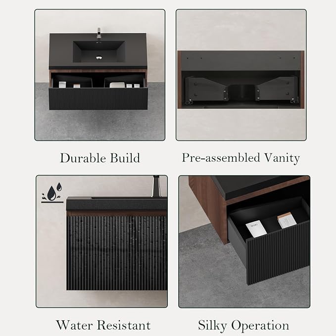 Floating Bathroom Vanity, 42" Wall Mounted Bathroom Cabinet with Matte Black Quartz Sand Sink & U-Shaped Soft-Close Drawer, Pre-Assembled Striped Storage Vanity for Bathroom, Walnut&Black