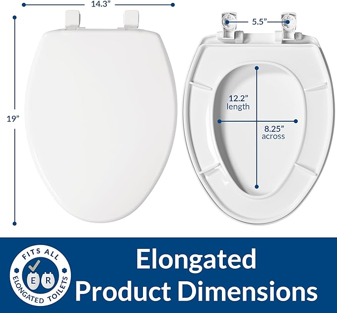 Bemis 7300SLEC Slow Close Toilet Seat, Easy Clean Hinges and Durable Plastic Seat, Made in USA, Elongated, White