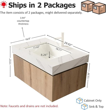 Ambrovina 30" Floating Bathroom Vanity with Sink, Wall Mount Storage Bathroom Vanities with Drawer and Door, Carrara White Sintered Stone Top and Ceramic Basin, Pre-Assembled Cabinet, Light Wooden