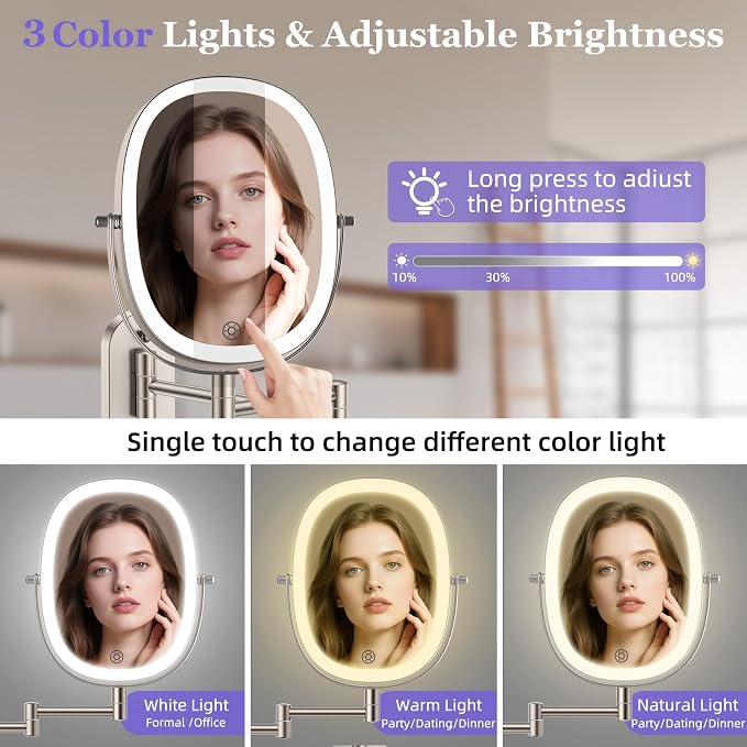FUNTOUCH 5000mAh Rechargeable Wall Mounted Lighted Makeup Mirror,Nickel | Double Sided 30X/1X Magnifying Mirror Wall Mounted,Extended Arm 360°Rotation,Touch Dimmable,3 Color Lights for Bathroom