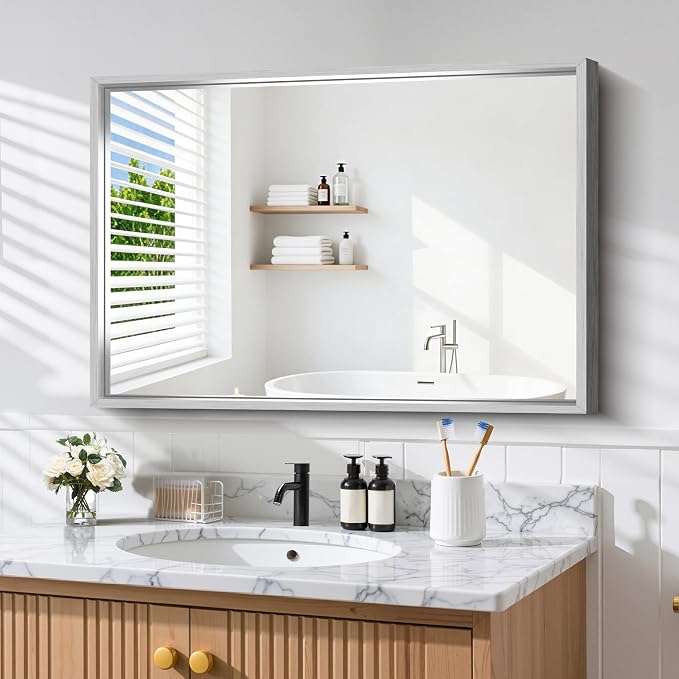CIRCUMI 30"x42" Brushed Silver Bathroom Mirror, Rectangular Vanity Mirror | Chunky Box Metal Frame, Shatterproof, Tempered Glass, Bathroom Remodel&New Home,Wall Mirror for Over Sink,Living Room,Hallway