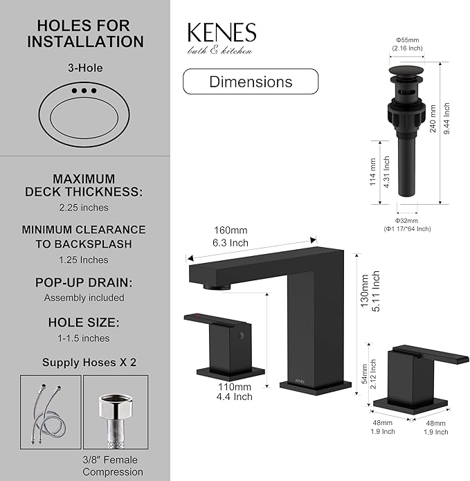 Matte Black Widespread Bathroom Faucet 3 Hole Vanity Faucet 2 Handle | Bathroom Sink Faucet with Pop Up Drain & Supply Lines, Lead-Free cUPC & NSF Certified, 8 Inch Faucet for Vanity Restroom Sink