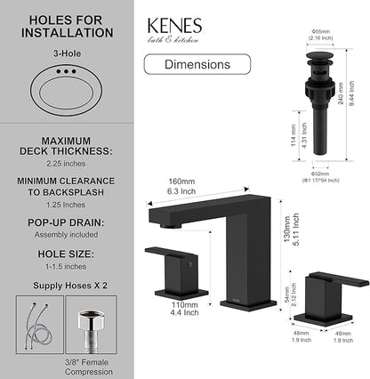 Matte Black Widespread Bathroom Faucet 3 Hole Vanity Faucet 2 Handle | Bathroom Sink Faucet with Pop Up Drain & Supply Lines, Lead-Free cUPC & NSF Certified, 8 Inch Faucet for Vanity Restroom Sink