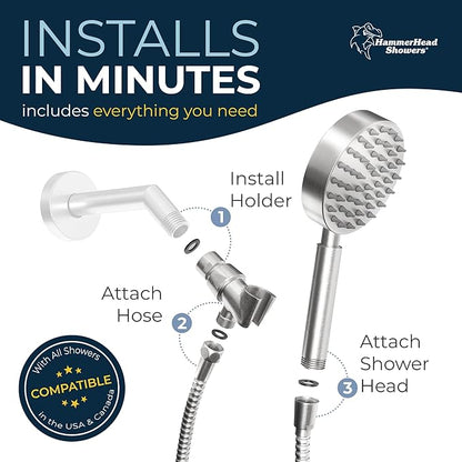 HammerHead Showers® Solid Metal Handheld Shower Head with Hose and Brass Holder - BRUSHED NICKEL - 2.5 GPM High Pressure Shower Heads with Adjustable Shower Wand Bracket - 6ft Flexible Extension