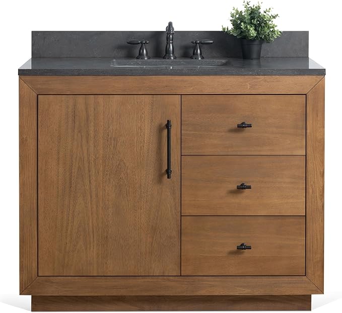 HOMEBEYOND 42" Bathroom Vanity with Single Sink & Ceramic Top, MDF Material Vanity Cabinet with Basin Combo, Soft-Closing Doors, Removable Shelf, Backsplash, Tan
