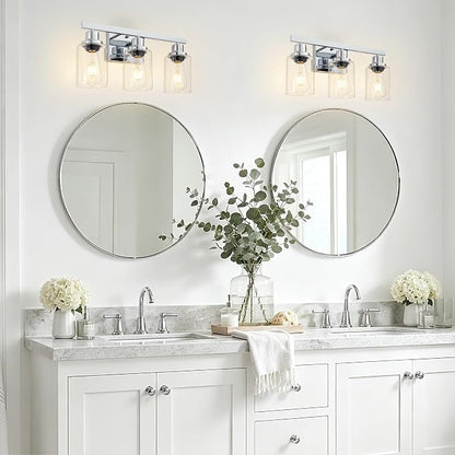 3 Light Bathroom Light Fixtures,17" Polished Chrome Vanity Lights | Modern Vanity Lights over Mirror with Clear Glassshades,Farmhouse Bathroom Wall Sconece over Sink,E26 Base
