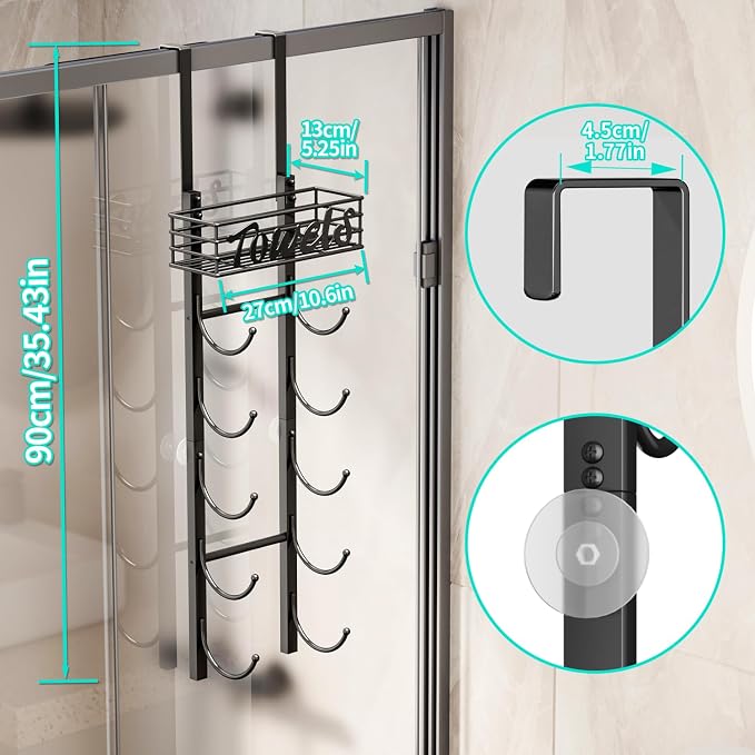 HapiRm Towel Racks for Bathroom Storage - 6 Tier Over The Door & Wall Mount Rolled Towel Storage Organizer Holder with Metal Shelf Basket for Small Bathroom, Camper, Rv - Black, Patented