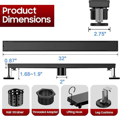 DLONE® Linear Shower Drain - 32 Inch Matte Black, with Tile Insert Pane | AISI 304 Stainless Steel Linear Drain, Rectangle Shower Floor Drain, with Adjustable Feet, Fits Bathroom & Balcony etc