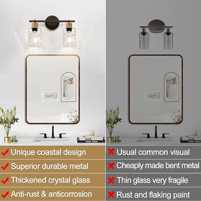 Bathroom Light Fixtures, 2-Light Coastal Vanity Lights with Crystal Glass Shade, Brown and Gold Bathroom Wall Lamp for Mirror Kitchen Hallway Cabinet