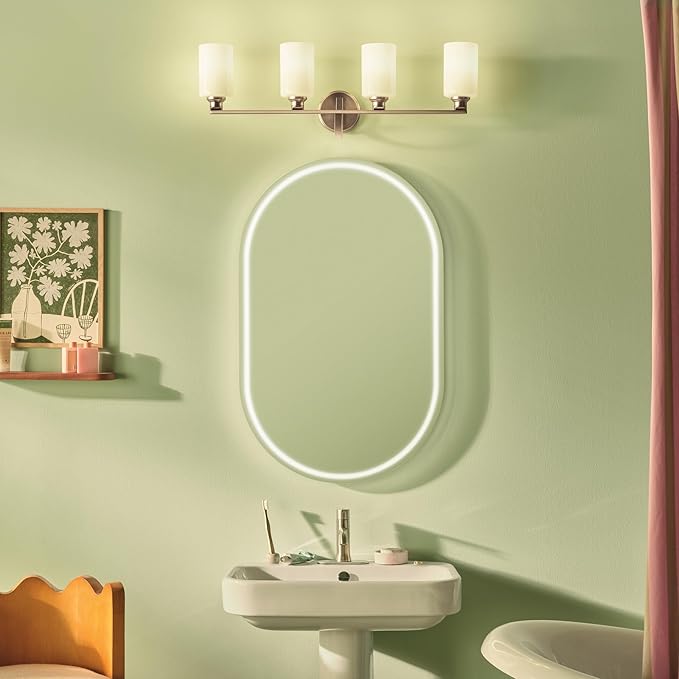 Kichler Gioe 32.25" 4-Light Vanity Light with Opal Glass in Champagne Bronze, Damp Rated, for Bathroom, Powder Room, Over a Mirror, (32.25" W x 10.5" H), 55227CPZ