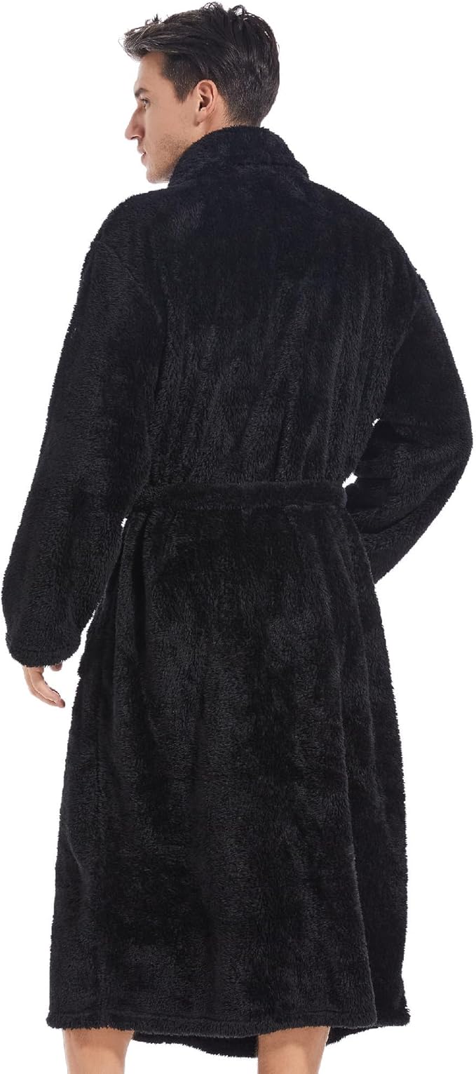 Inner Wish Mens Plush Fleece Robe, Cozy Warm Bathrobe Fuzzy Male Spa Long Robe With Pockets (DARK GREY)
