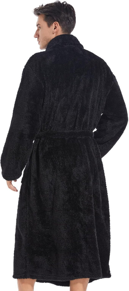 Inner Wish Mens Plush Fleece Robe, Cozy Warm Bathrobe Fuzzy Male Spa Long Robe With Pockets (DARK GREY)