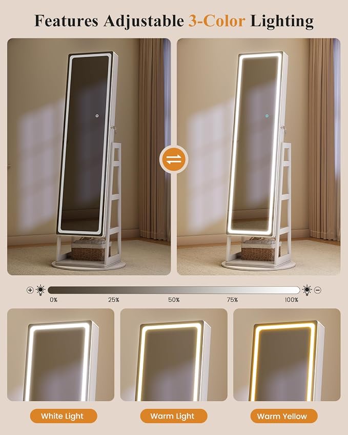 LVSOMT Standing Jewelry Cabinet Mirror with Adjustable LED Light White | 63" Lockable Jewelry Armoire Organizer with 4 Rear Shelves & Hooks, 360° Swivel, for Bedroom, Living Room, Women Girls Gift