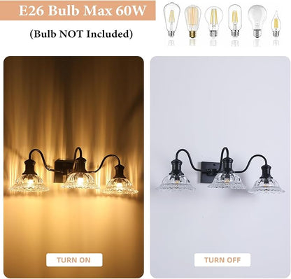Vintage Bathroom Light Fixtures, 3-Light Matte Black Vanity Light with Flower Glass Shade, Bathroom Lighting Fixtures Over Mirror for Bedroom, Dressing Table
