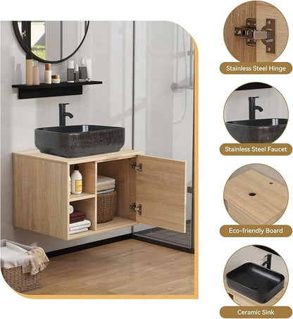 YOURLITE 24" Floating Bathroom Vanity, Wall-Mounted Bathroom Vanity and Sink Combo with Mirror and Faucet & Pop Up Drain Set, Black Vessel Sink