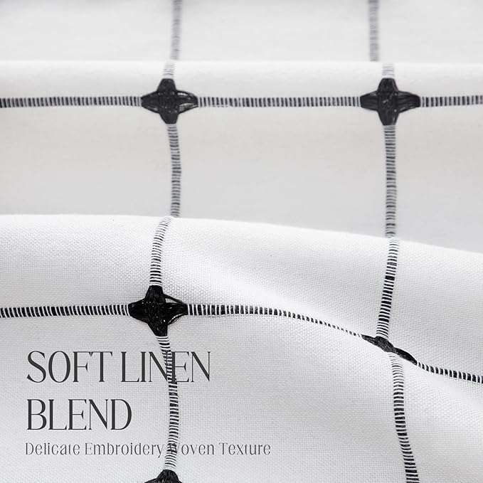 Black and White Shower Curtain Boho Linen Fabric with Embroidered Plaid Pattern and Tassels for Bathroom,72" W×78" L