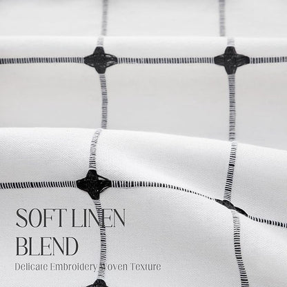 Black and White Shower Curtain Boho Linen Fabric with Embroidered Plaid Pattern and Tassels for Bathroom,72" W×72" L