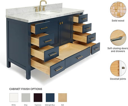 ARIEL Cambridge 60-inch Bathroom Vanity with Sink,Solid Wood, 1.5-inch Italian Carrara Marble Countertop, Single Rectangular Porcelain Sink, 2 Soft Closing Doors, 9 Dovetail Drawers, Midnight Blue