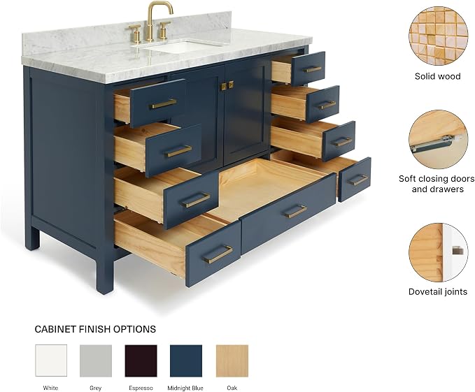 ARIEL Cambridge 60-inch Bathroom Vanity with Sink,Solid Wood, 1.5-inch Italian Carrara Marble Countertop, Single Rectangular Porcelain Sink, 2 Soft Closing Doors, 9 Dovetail Drawers, Midnight Blue