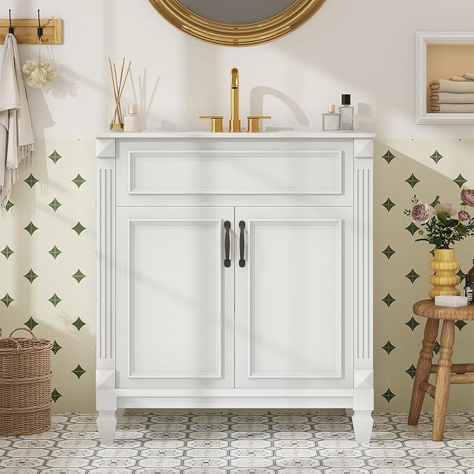 DUMOS 30" Farmhouse Bathroom Vanity with Sink, Freestanding Wooden Storage Cabinet with 2 Doors, Easy Assembly, No Mirror & Faucet, Ivory W