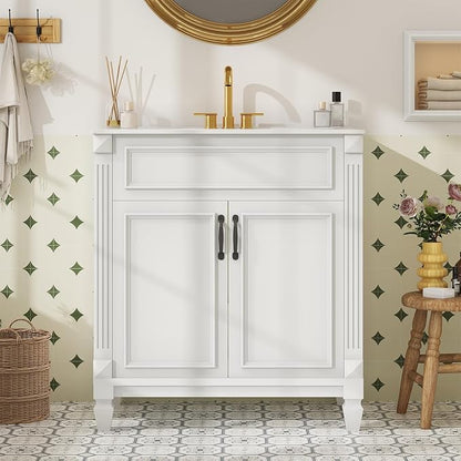 DUMOS 30" Farmhouse Bathroom Vanity with Sink, Freestanding Wooden Storage Cabinet with 2 Doors, Easy Assembly, No Mirror & Faucet, Ivory W