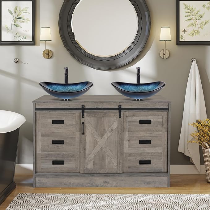 48 inch Barn Door Bathroom Vanity with 6 Drawers, Farmhouse Style Standing Pedestal Cabinet with Two Blue Boat Glass Vessel Sinks