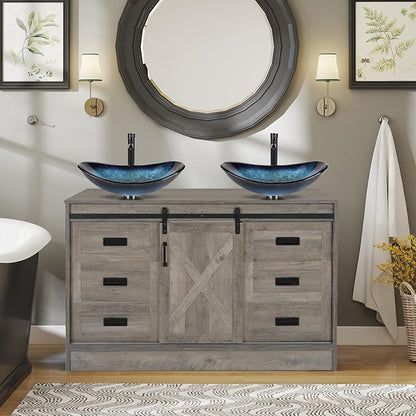 48 inch Barn Door Bathroom Vanity with 6 Drawers, Farmhouse Style Standing Pedestal Cabinet with Two Blue Boat Glass Vessel Sinks