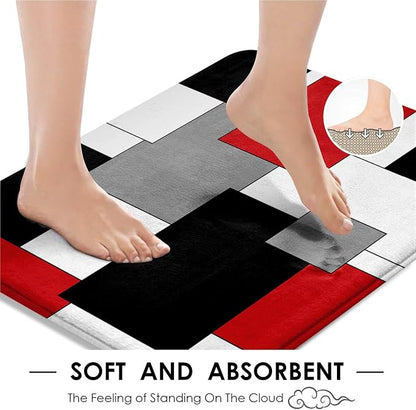 Bathroom Sets with Shower Curtain and Rugs, 4 Pcs, Red Geometric | Checkered Abstract Art Modern Bathroom Decor Set with Toilet Lid Cover, Non-Slip Bath Mats and Accessories 12 Hooks