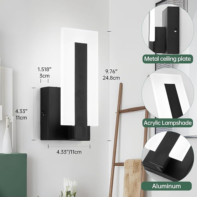 Modern LED Wall Sconce, Black Indoor Wall Light Fixtures, 6000K Cold White Wall Mounted Lamp Set of 2, Acrylic Wall Sconce Lighting for Hallway, Bedroom, Stairway, Corridor, Bathroom