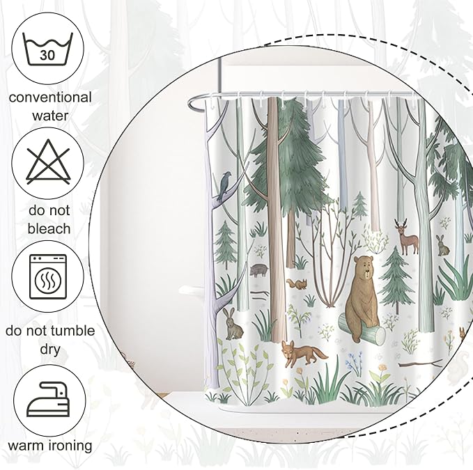 AWERT Cute Shower Curtain with Hooks Green Forest Shower Curtain with Wild Animals Bear Moose Deer Fox Deor Bathroom 72x72 inch