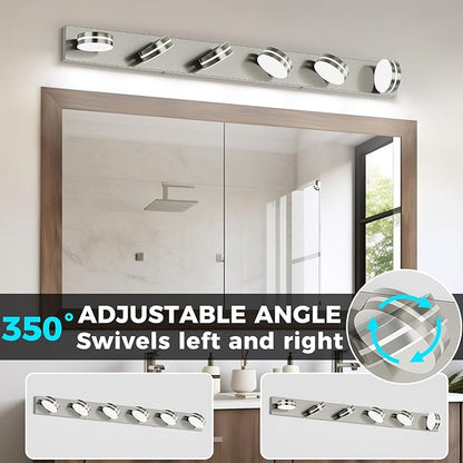 6-Light Nickel Bathroom Vanity Light Over Mirror, LED Vanity Lighting Fixtures, Modern Bathroom Wall Light Fixtures with 360°Rotating Lamp Head (Cool White 5500K)