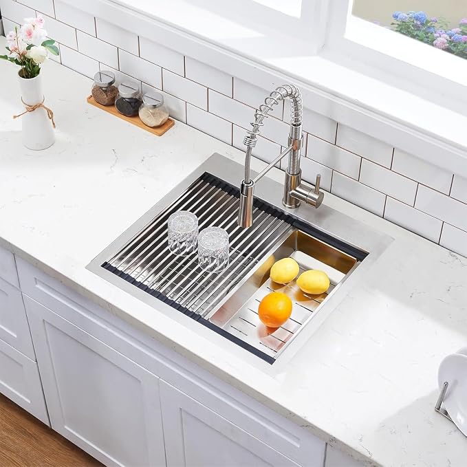 21 Inch Drop In Kitchen Sink, 21 x 20 Inch Top Mount 16 Gauge Stainless Steel Single Bowl Workstation RV Small Kitchen Outdoor Laundry Wet Prep Sink with Accessories