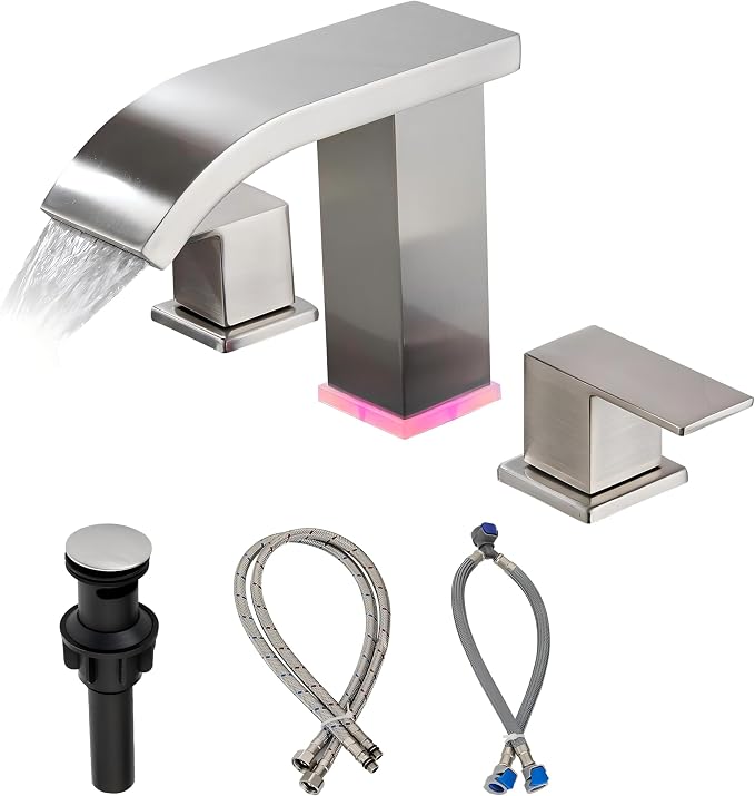 Bathroom faucets 3 Hole Brushed Nickel Vanity Faucet with led Waterfall Bathroom Faucet 3 Hole Sink Faucet Bathroom 8 inch Widespread Modern Parts Touch on 2 Handle(Brushed Nickel)