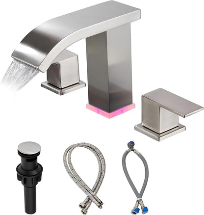 Bathroom faucets 3 Hole Brushed Nickel Vanity Faucet with led Waterfall Bathroom Faucet 3 Hole Sink Faucet Bathroom 8 inch Widespread Modern Parts Touch on 2 Handle(Brushed Nickel)