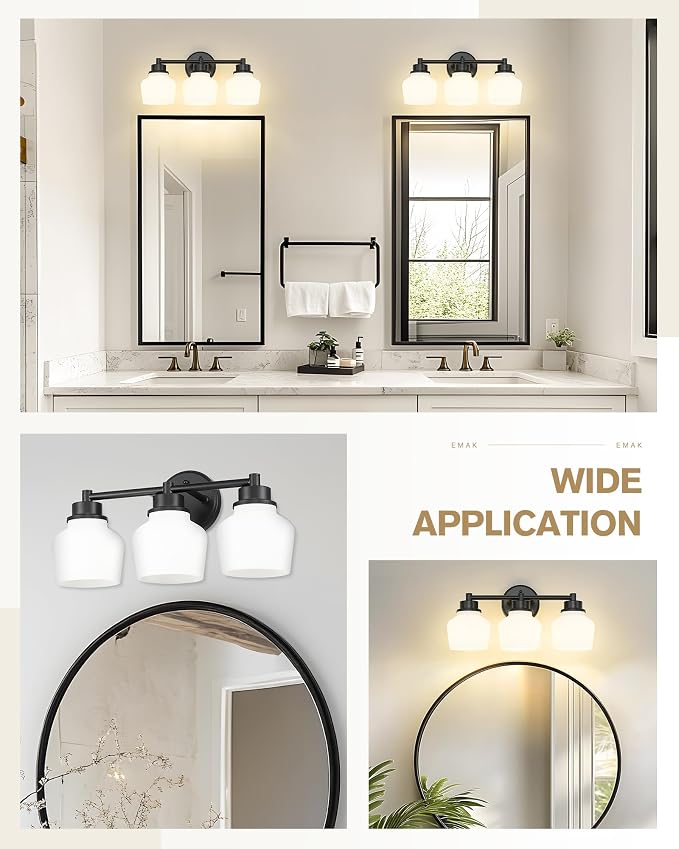 Emak Modern Black Bathroom Lighting Fixtures Over Mirror, Farmhouse 3-Light Vanity Lights with Milk Glass Shade for Bathroom, Mirror, VL122-BK-ML-3