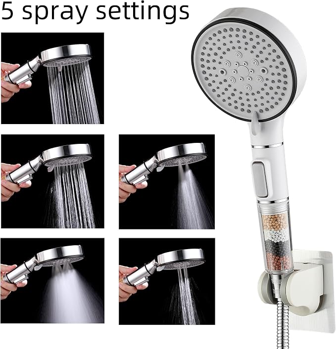 RV Shower Head with Hose, High Pressure 5 Setting Shower Head with Filter and On/Off, Water Saving Shower Head for RV/Camper, Travel Trailer, Motorhome,White，Save water (White)