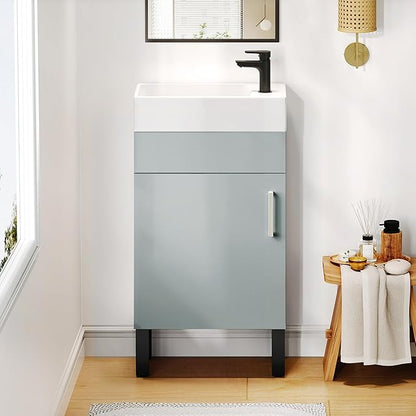 YITAHOME 16 Inch Bathroom Vanity with Sink, Bathroom Cabinet Vanity for Small Space, Freestanding Storage Bathroom Vanity with 1 Soft Closing Cabinet, Grey